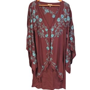 Lakra Boho Floral Embroidered Kimono Cover Up Maroon One Size